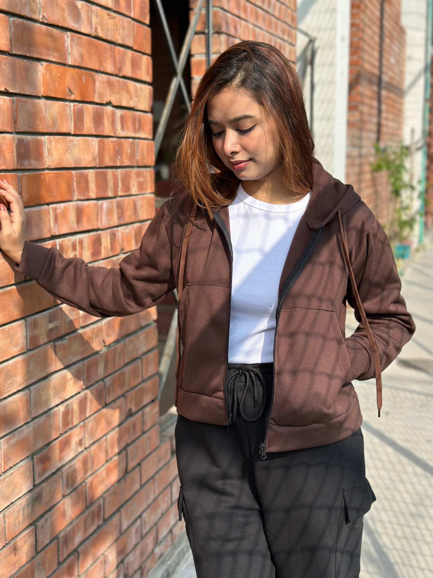 Chocolate Crop Zipper Hoodie