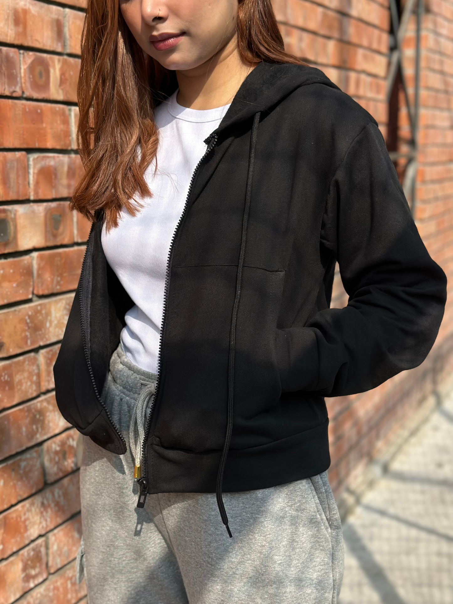 Black Crop Zipper Hoodie