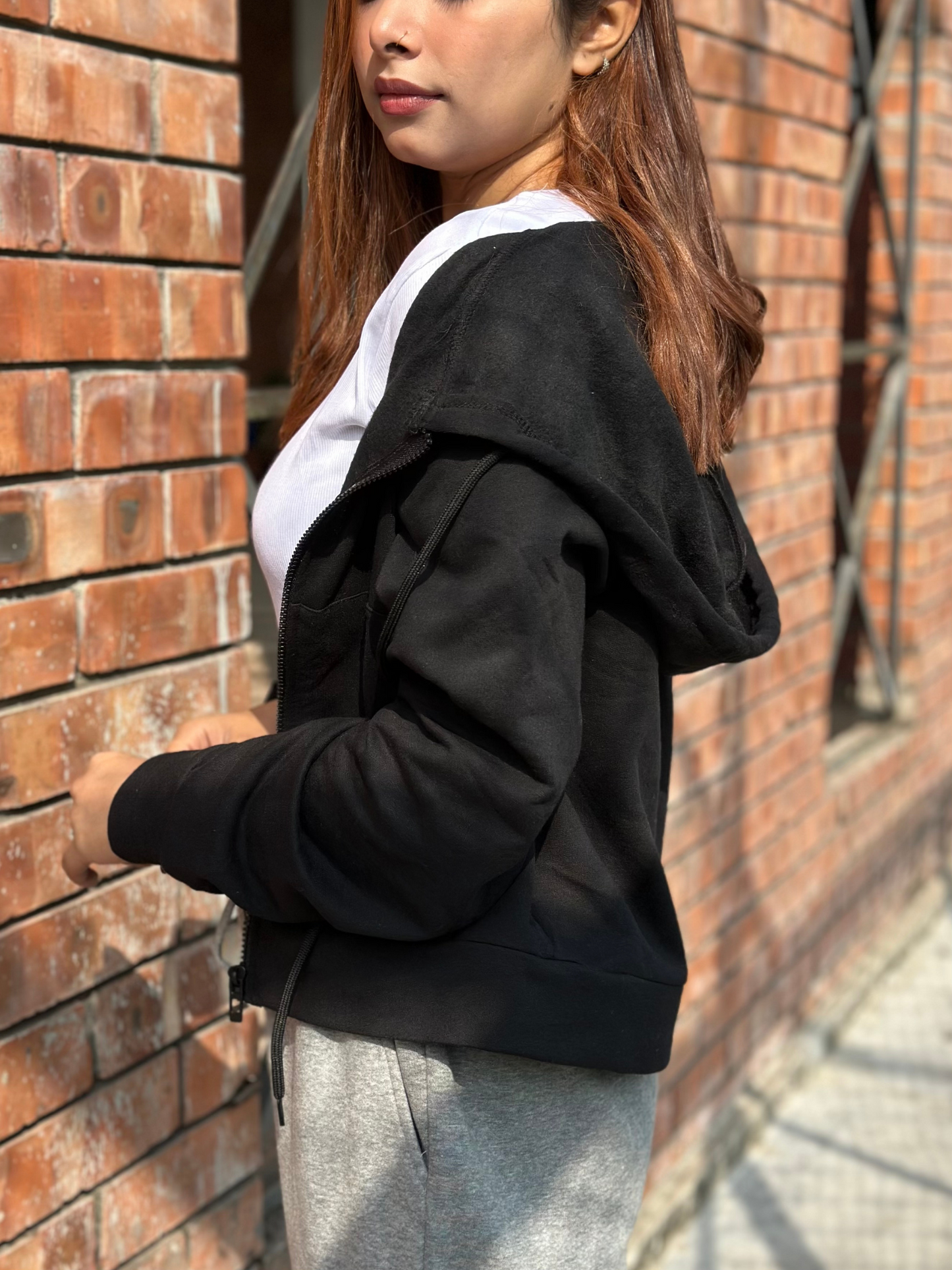 Black Crop Zipper Hoodie