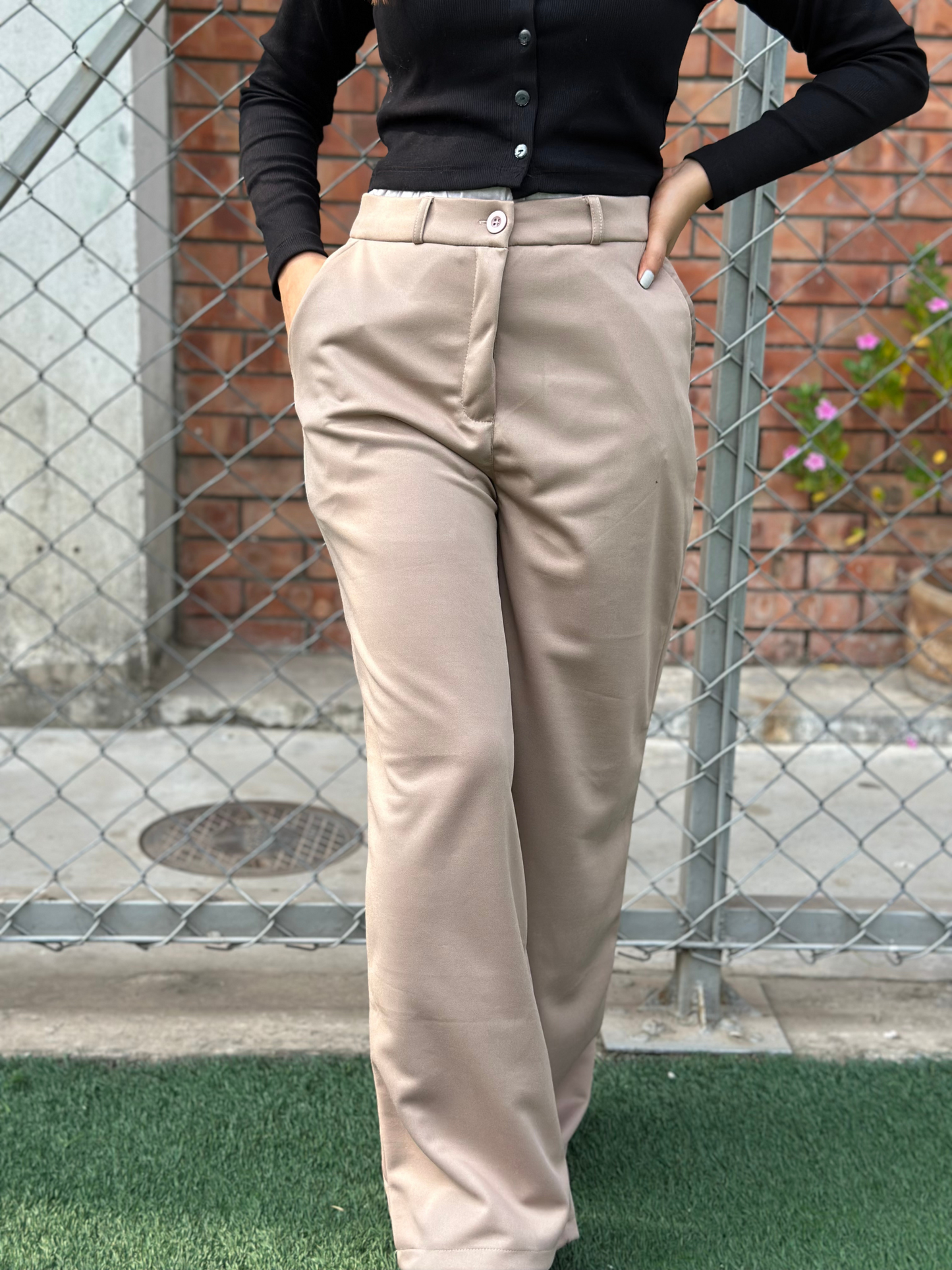 Beige High Waist Wide Leg Pant