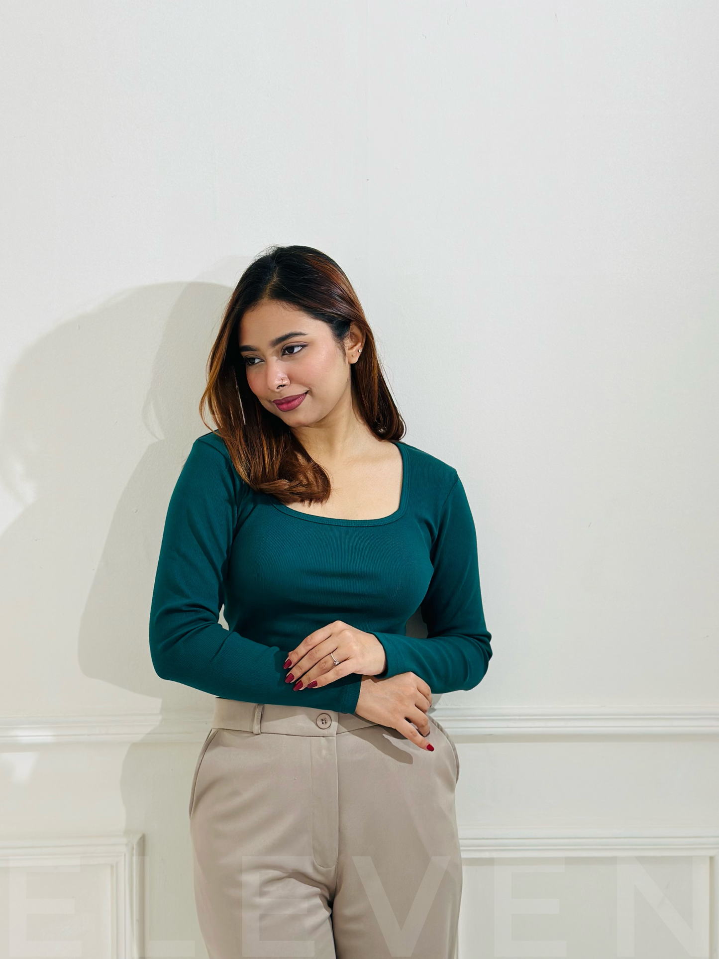 Green Square Neck Full Sleeve Top