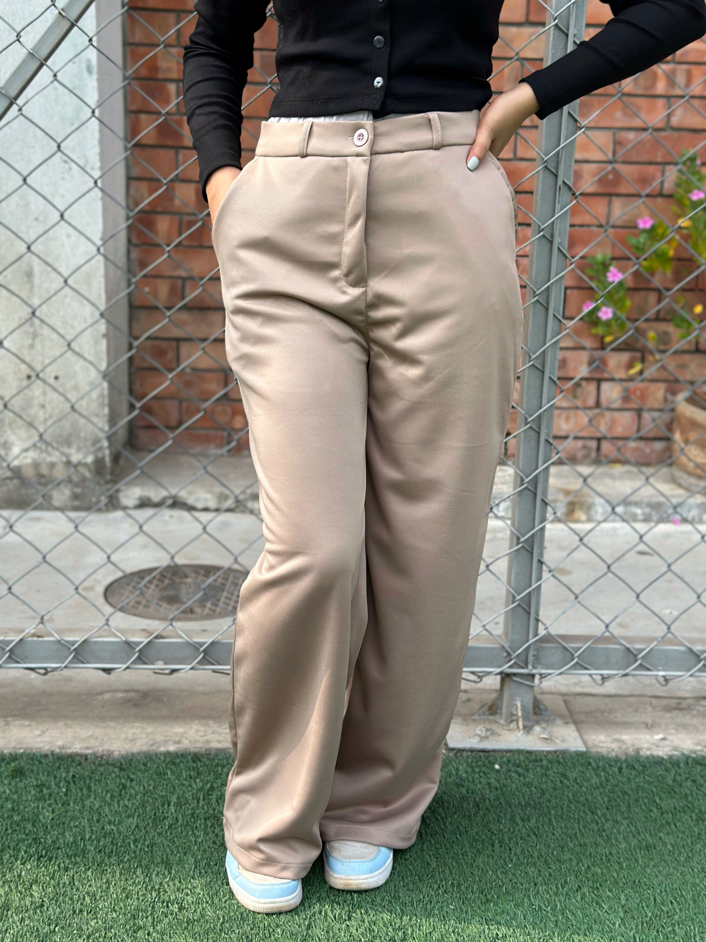 Beige High Waist Wide Leg Pant