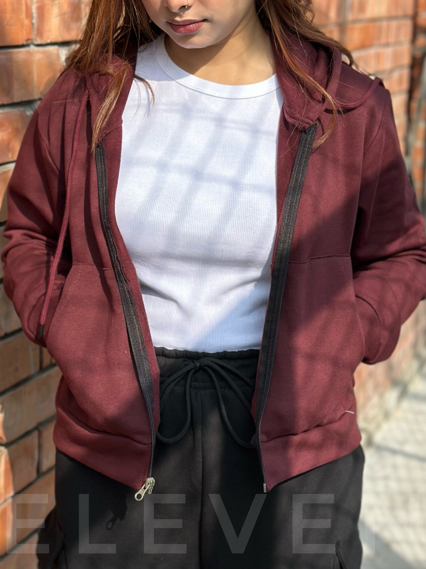 Maroon Crop Zipper Hoodie