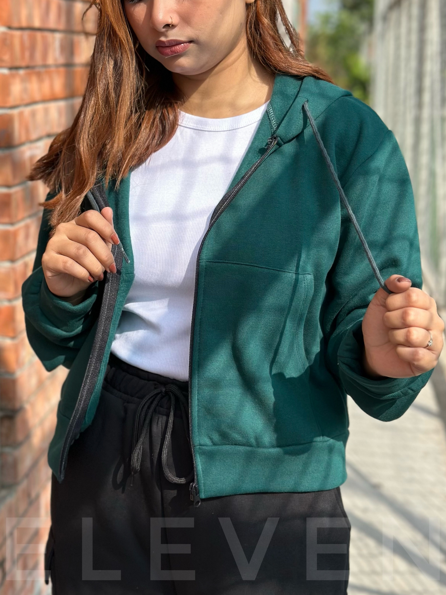 Green Crop Zipper Hoodie
