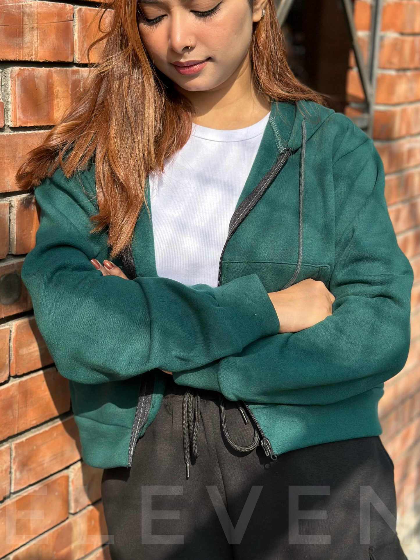 Green Crop Zipper Hoodie