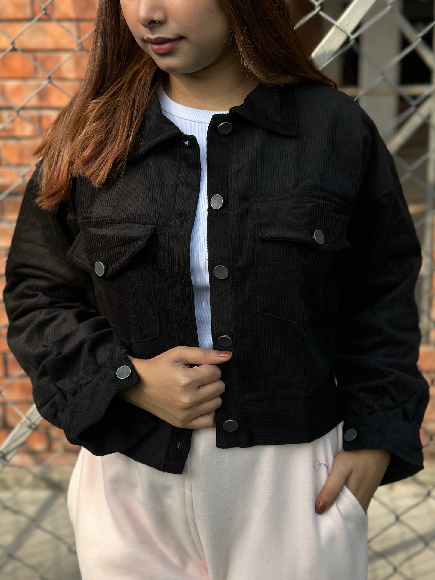 Black Dropshoulder Corduroy Jacket