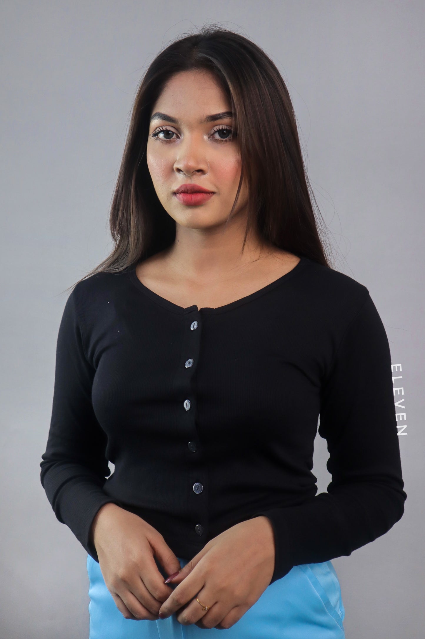 Black Full Sleeve Button Top