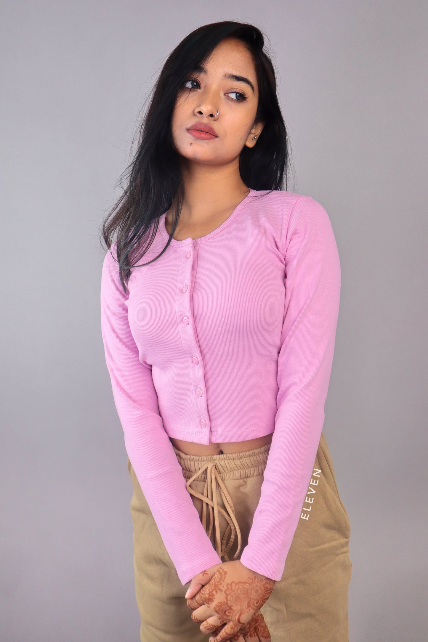 Baby pink Full Sleeve Button Top