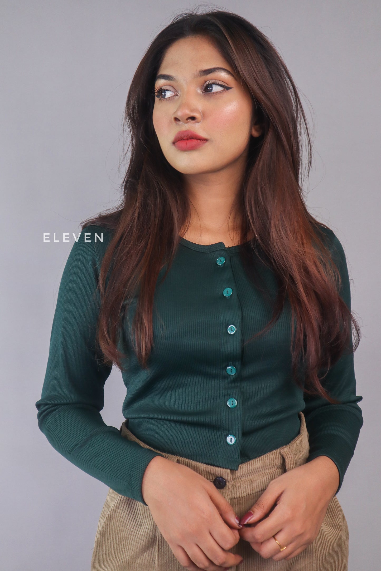Bottle Green Full Sleeve Button Top