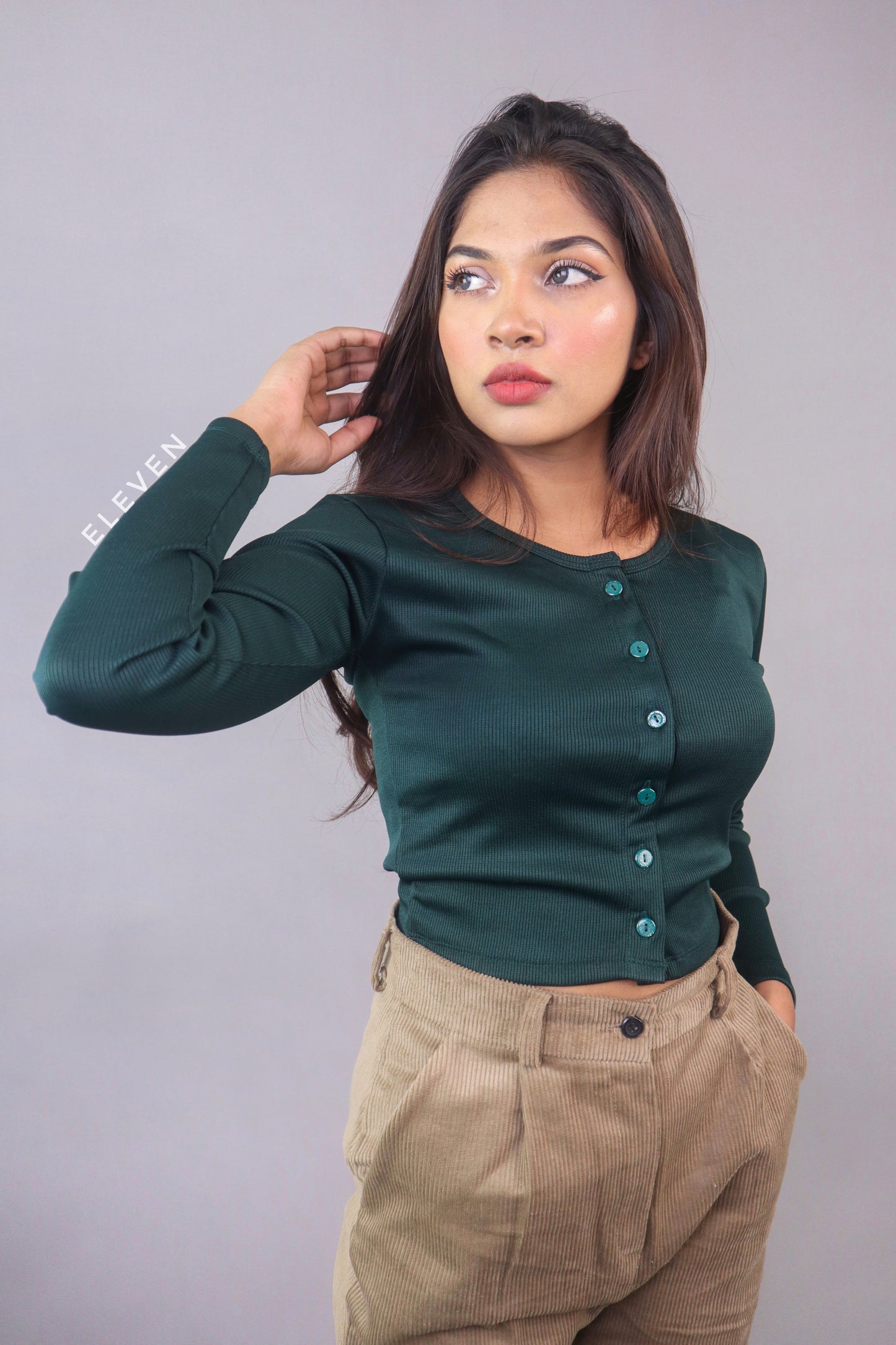 Bottle Green Full Sleeve Button Top