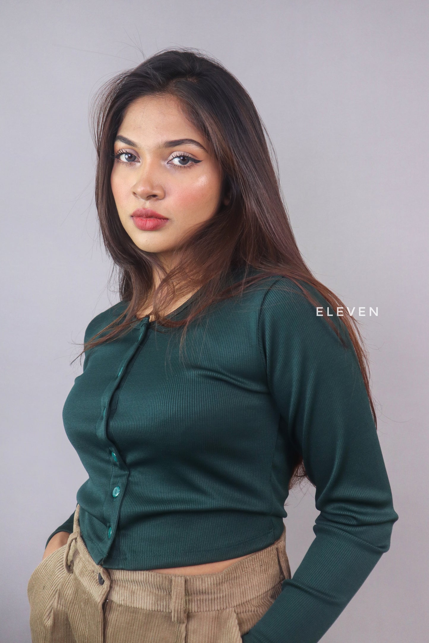 Bottle Green Full Sleeve Button Top