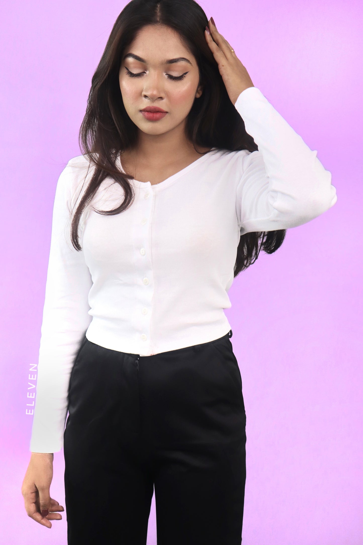 White Full Sleeve Button Top
