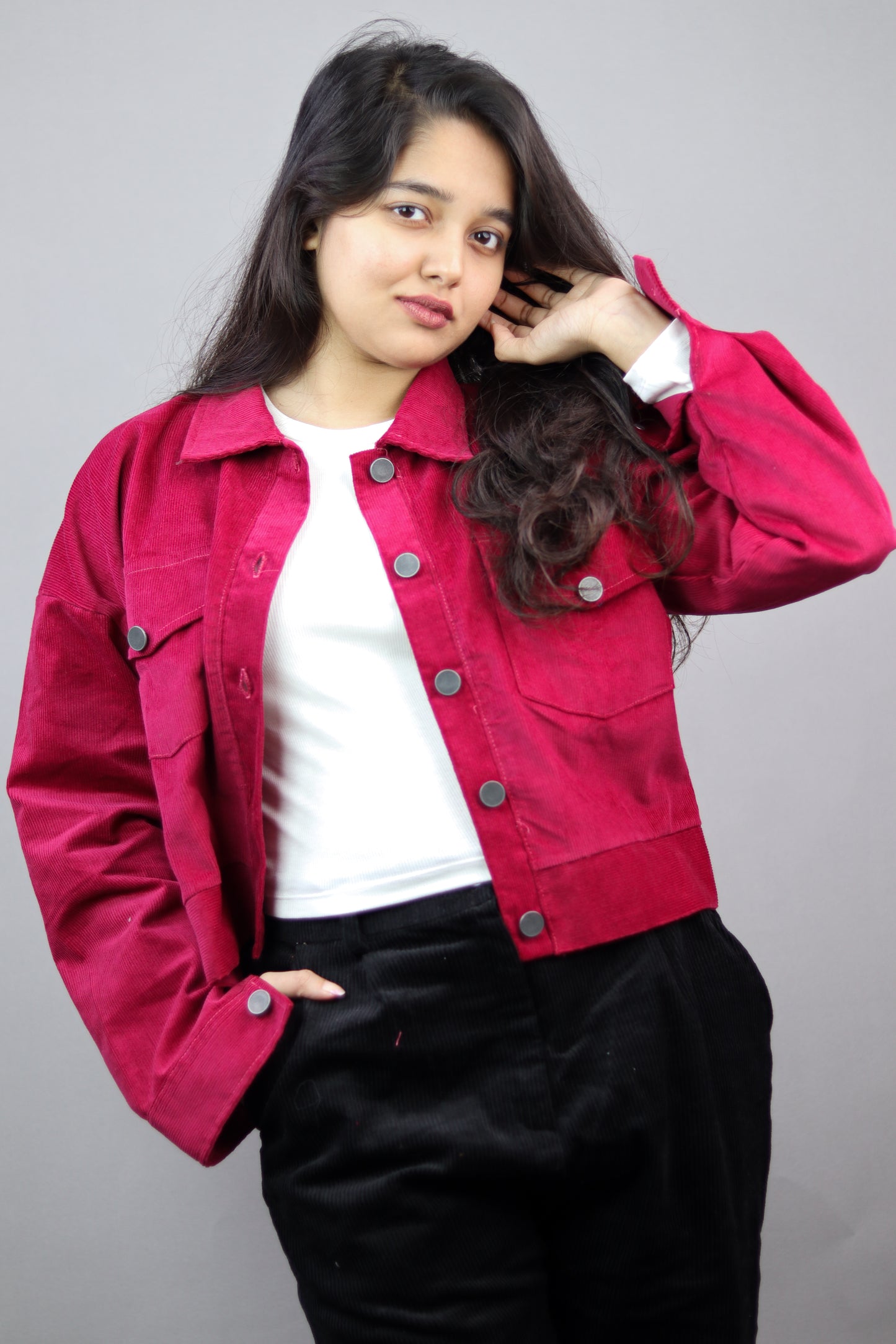 Hot Pink Dropshoulder Corduroy Jacket