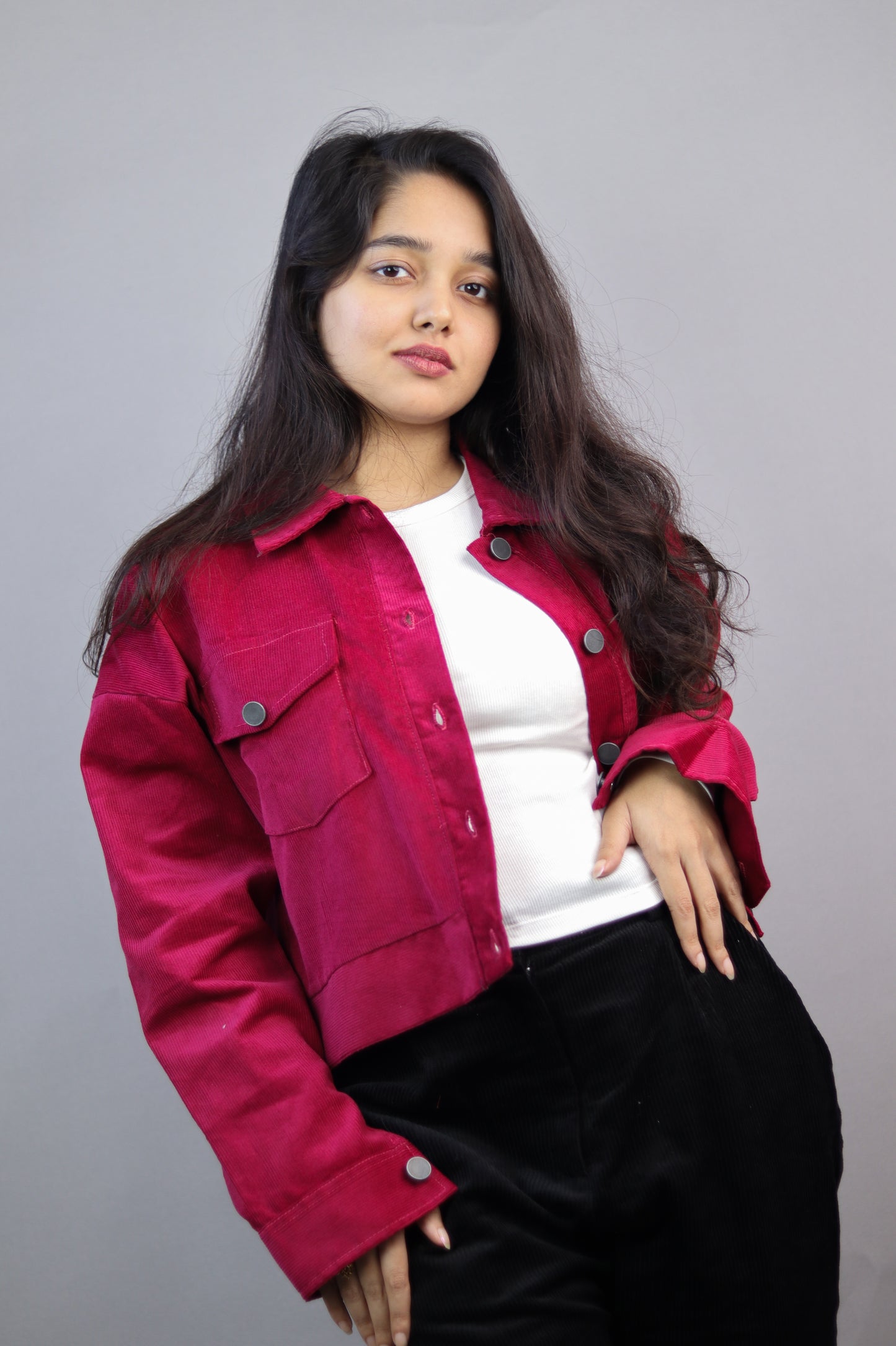 Hot Pink Dropshoulder Corduroy Jacket